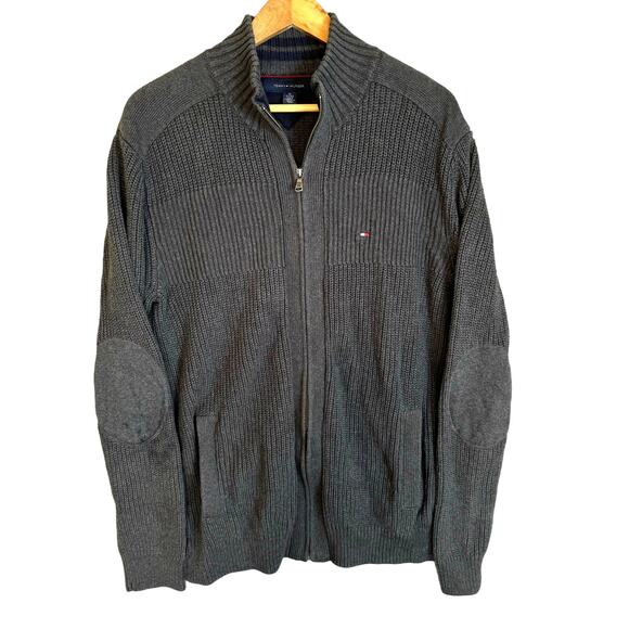 Tommy Hilfiger Grandpa Sweater Mens XL Thick Gray Full Zip Dad Retro Y2K Pockets - Picture 1 of 14